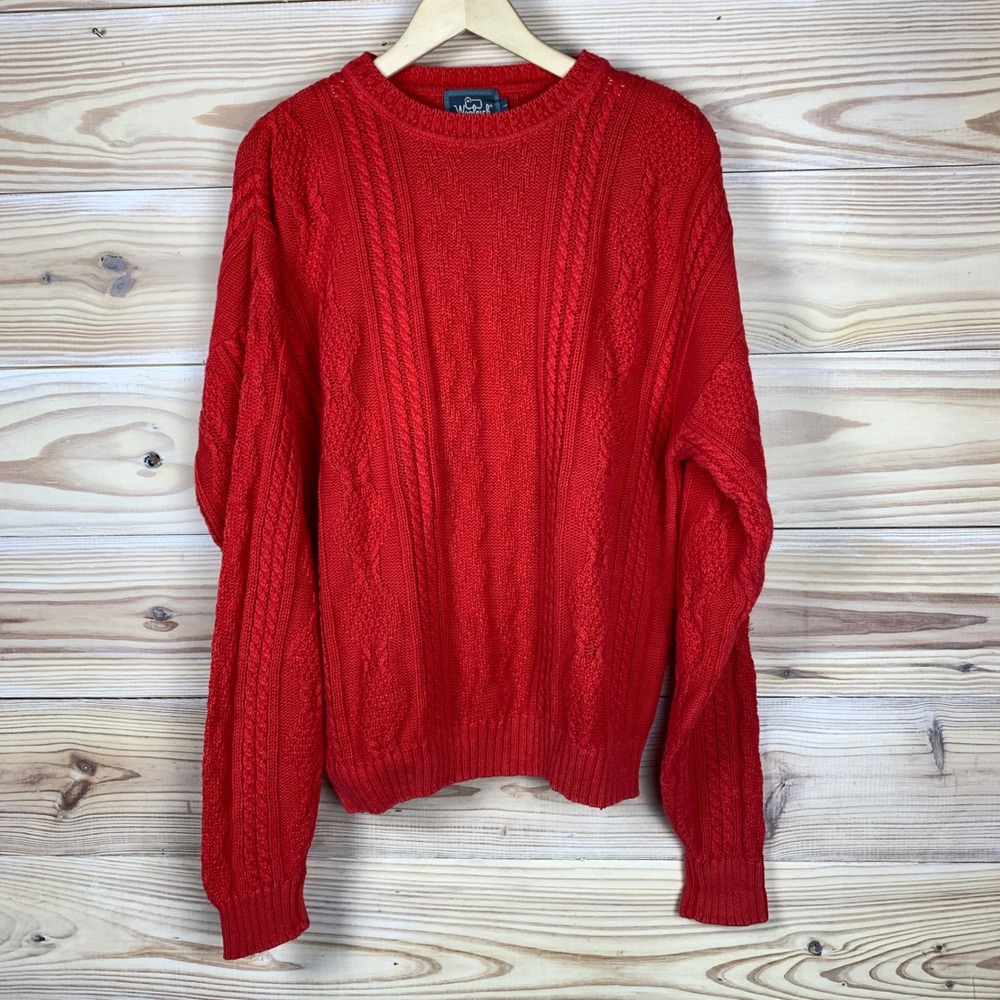Vtg Woolrich Sweater Mens Large Red Cable Knit Ramie Cotton 80s‎ 90s Preppy